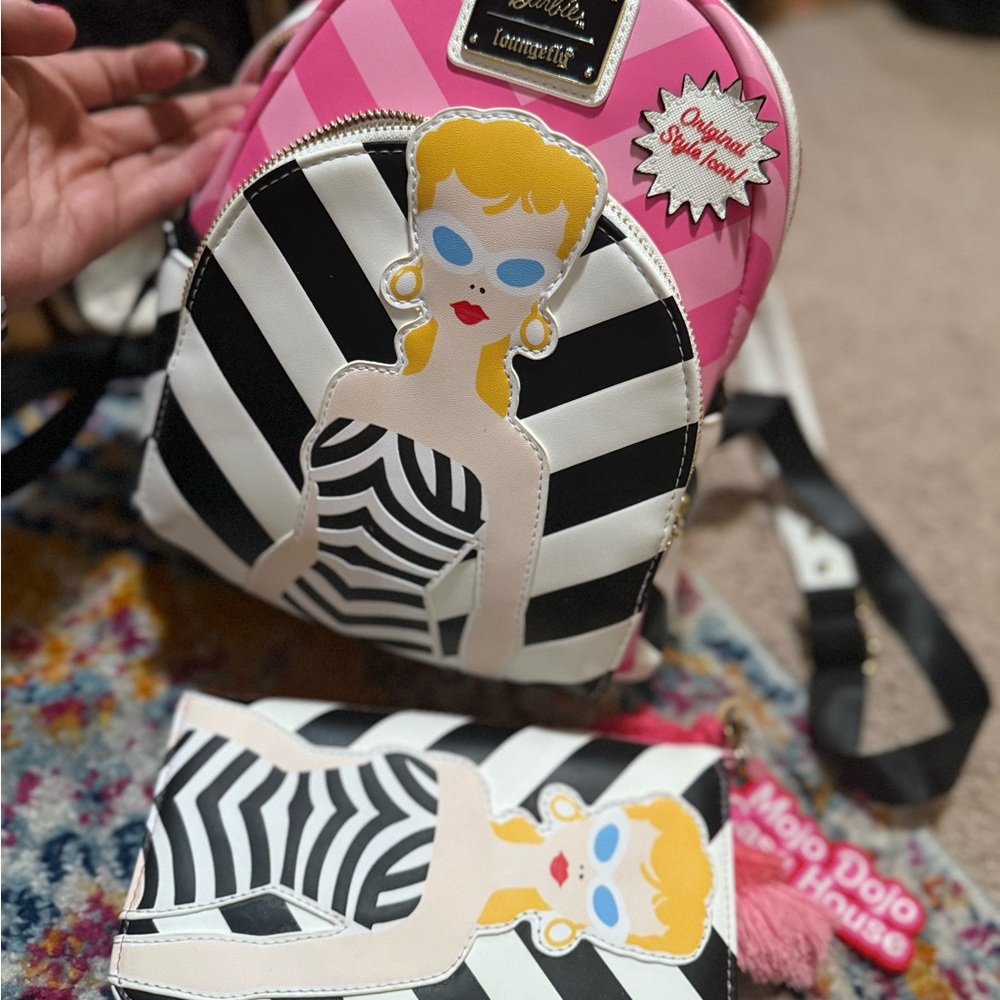 Striped Loungefly limited edition Backpack and Clutch Set w/ Retro Design wallet